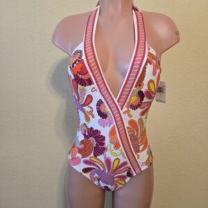 Trina Turk White Multicolor Paisley Halter One-Piece Swimsuit